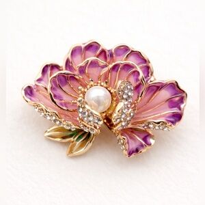 Purple Enamel Flower Brooch with Pearl & Crystal Accents